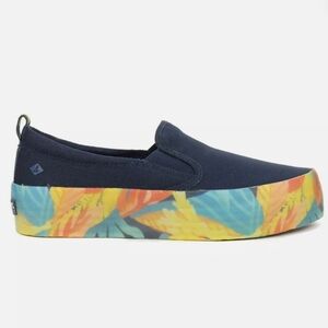 Sperry Navy Slip-On Flats with Multicolor Tropical Print Sole